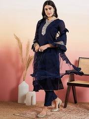 Navy Blue Ethnic Motifs Yoke Design Chanderi Cotton Kurta With Trousers & Dupatta