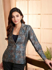 Blue Floral Printed Lapel Collar Formal Tailored Jacket