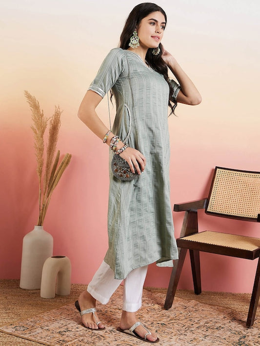 Green Cotton Jacquard A Line Kurta