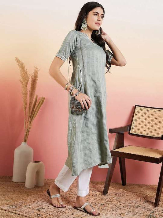 Green Cotton Jacquard A Line Kurta