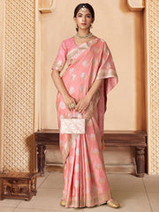 Pink Embroidered Woven Design Saree