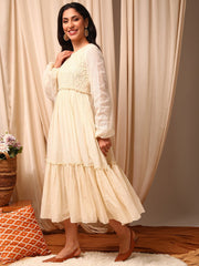 Off White Floral Embroidered Tiered Dress