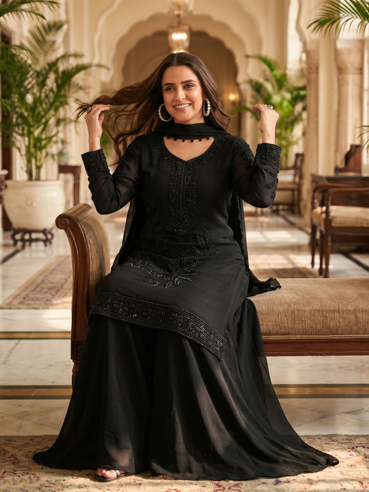 Black Chinon Wedding Wear Sharara Suit
