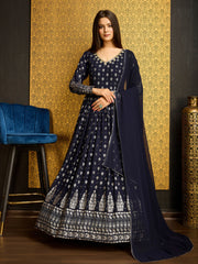 Blue Golden Foil Printed Anarkali Gown With Dupatta