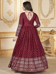 Red Metallic Foil Work Embellished Anarkali Gown And Dupatta