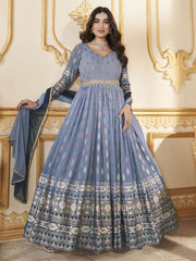 Blue Metallic Foil Work Embellished Anarkali Gown And Dupatta