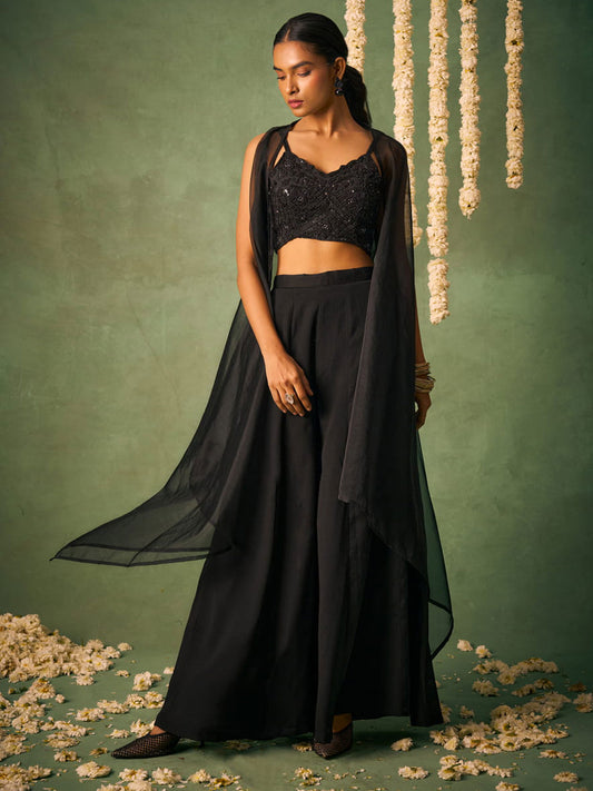Black Khatli Work Blouse With Sharara and Cape