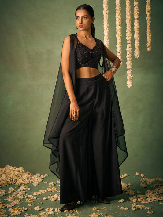 Black Khatli Work Blouse With Sharara and Cape
