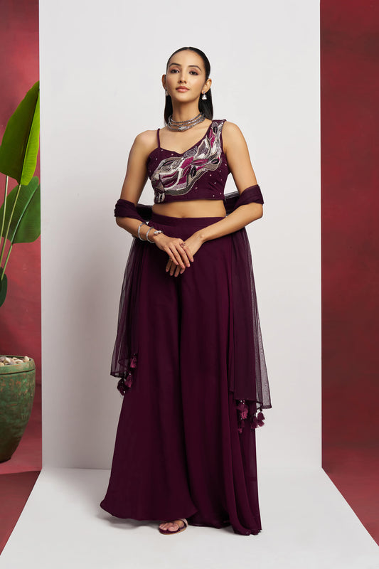 Wine Khatli Work Party Wear Sharara Suit