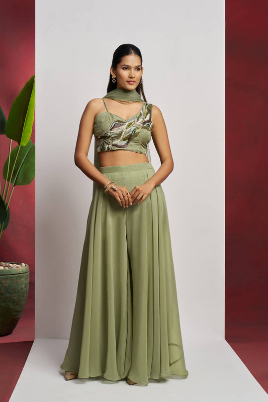 Green Khatli Work Party Wear Sharara Suit