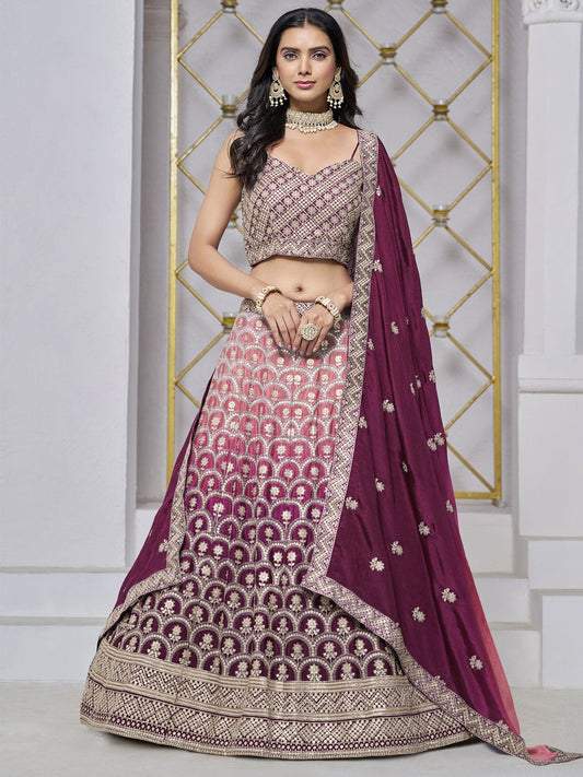 Maroon Chinon Embroidered Lehenga Choli