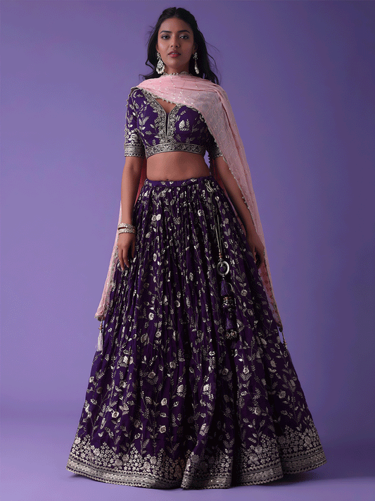 Dark Purple Festive Style Embroidered Lehenga Choli