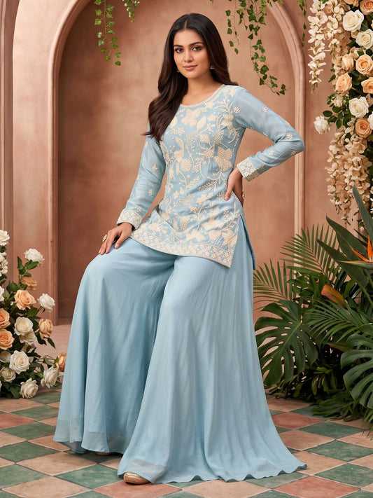 Premium Chinnon Blue Beads Embroidered Sharara Suit
