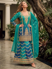 Teal Chinon Heavy Embroiderd Kalidar Palazzo Suit