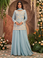 Premium Chinnon Blue Beads Embroidered Sharara Suit