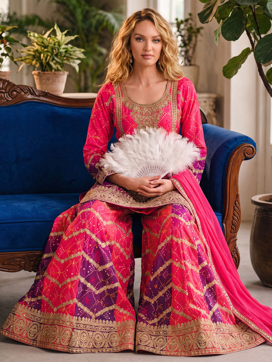 Pink Chinon Heavy Embroiderd Kalidar Palazzo Suit