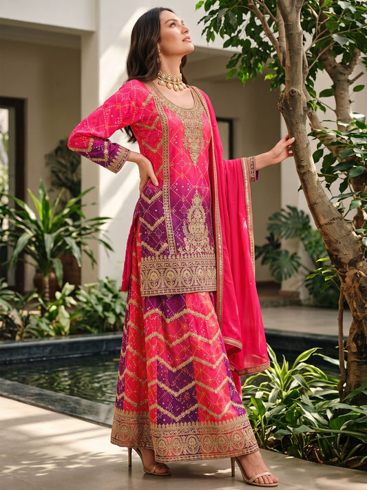 Pink Chinon Heavy Embroiderd Kalidar Palazzo Suit