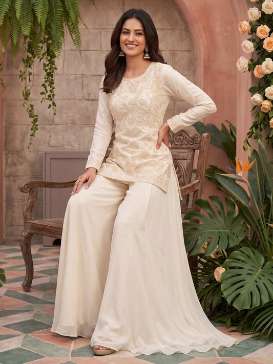 Premium Chinnon White Beads Embroidered Sharara Suit