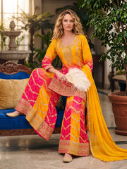 Yellow Chinon Heavy Embroiderd Kalidar Palazzo Suit