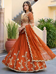 Orange Rangoli Silk Zari and Threads Festive Lehenga Choli