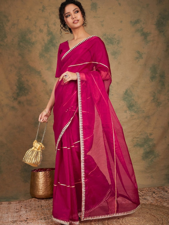 Pink Striped Embroidered Detailed Organza Saree