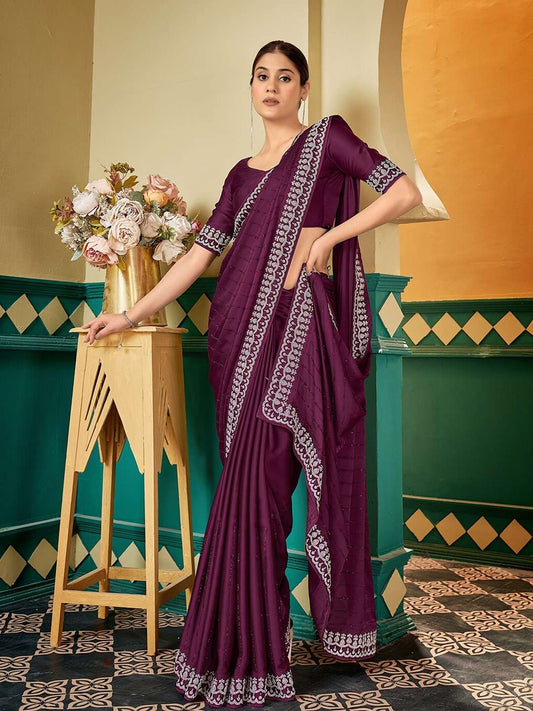 Mauve Embellished Beads and Stones Satin Saree