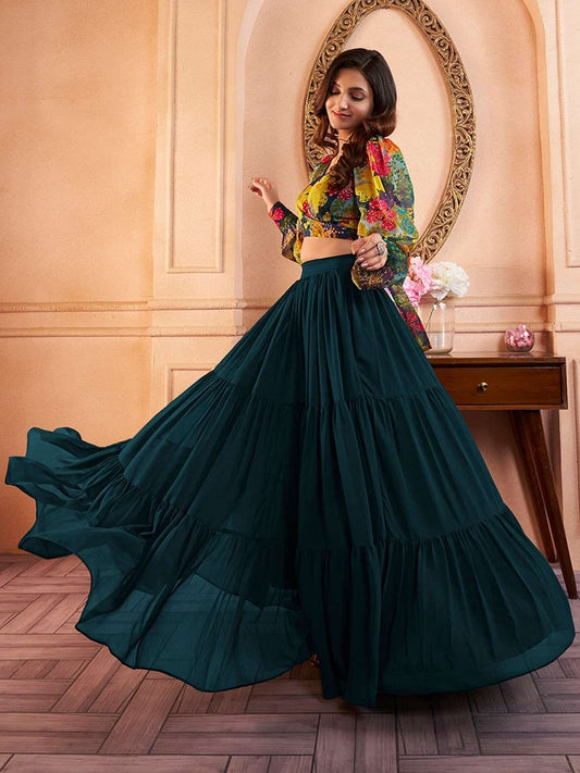 Green Printed V-Neck Cro Top With Long Flared Skirt Co-Ords