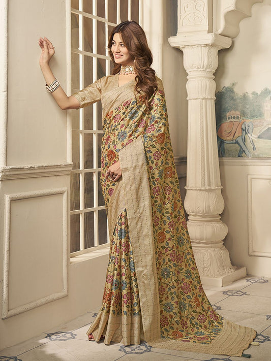 Mustard And Pink Ethnic Motifs Embroidered Pure Silk Saree