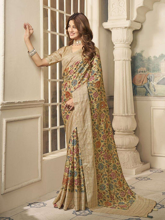 Mustard And Pink Ethnic Motifs Embroidered Pure Silk Saree