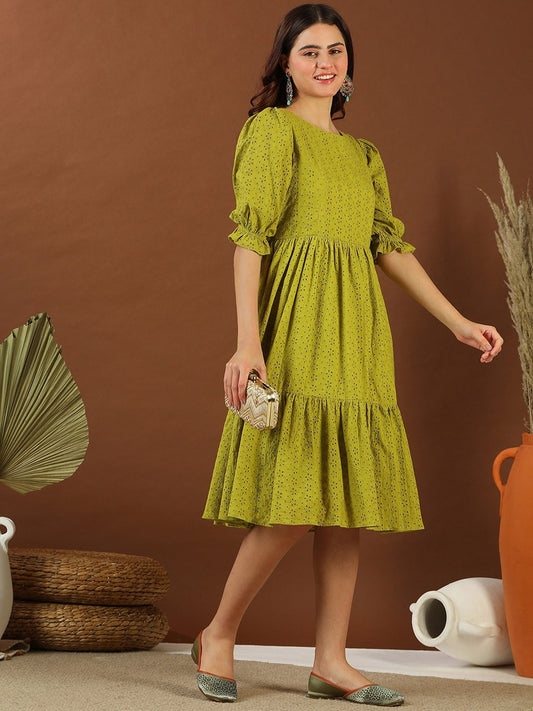 Green Chikankari Embroidered Cotton Midi Ethnic Dress