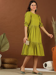 Green Chikankari Embroidered Cotton Midi Ethnic Dress