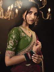 Maroon Embroidered Silk Wedding Wear Saree With Blouse
