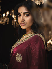 Maroon Embroidered Silk Wedding Wear Saree With Blouse
