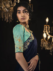 Navy-Blue Embroidered Silk Saree Wedding Wear Saree