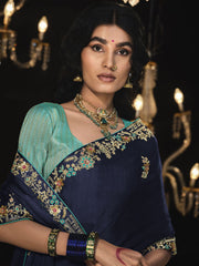 Navy-Blue Embroidered Silk Saree Wedding Wear Saree
