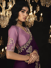 Wine Embroidered Silk Saree Reception Wear Saree