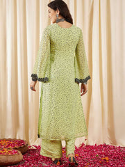 Women Green Printed Regular Thread Work Kurta with Palazzos