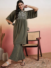 Green Floral Empire Yoke Design Thread Work Kurta With Palazzos