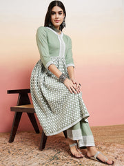 Green V-Neck Floral Embroidered Chikankari Pure Cotton Anarkali Kurta with Palazzos