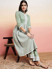 Green V-Neck Floral Embroidered Chikankari Pure Cotton Anarkali Kurta with Palazzos