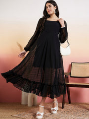 Black Self-Designed Dobby Woven Fit and Flare Ethnic Dress