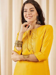 Mustard Ethnic Motifs Yoke Design Thread Work Tie Up Silk Straight Kurta