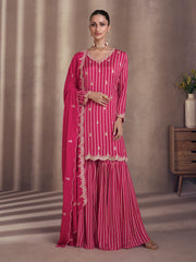 Hot Pink All Over Sequence Embroidery Designer Sharara Suit