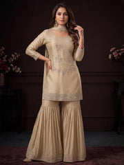Beige Satin Silk Embroidered Gharara Style Dress