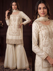 Off White Satin Silk Embroidered Gharara Style Dress