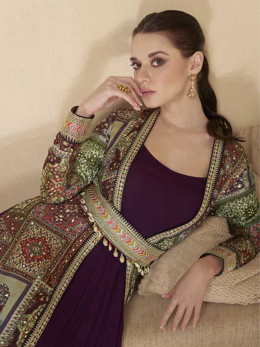 Royal Purple Embroidered Jacket Style Anarkali Gown
