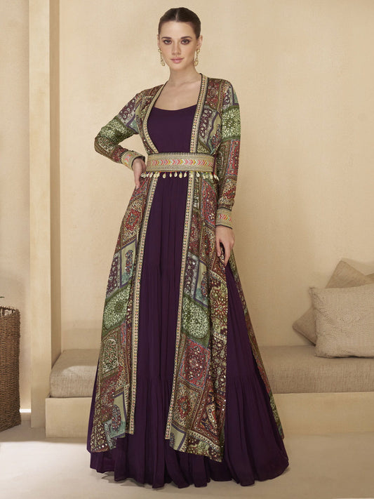 Royal Purple Embroidered Jacket Style Anarkali Gown