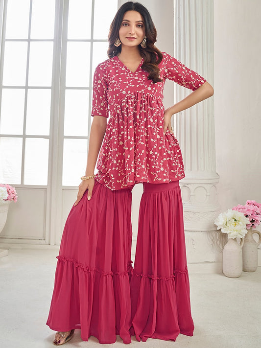 Peach Floral Embroidered Pleated Thread Work Kurta With Sharara