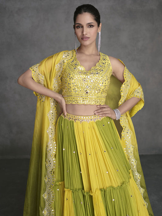 Yellow And Green Mirror Work Embroidery Cape Style Lehenga
