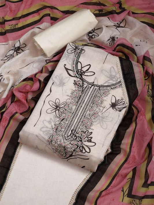 White And Black Embroidered Pure Cotton Unstitched Dress Material